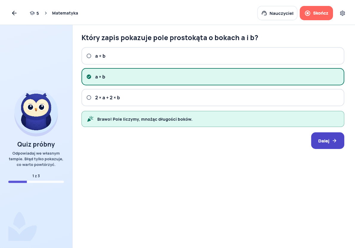 Quiz próbny z informacją zwrotną od Kindi
